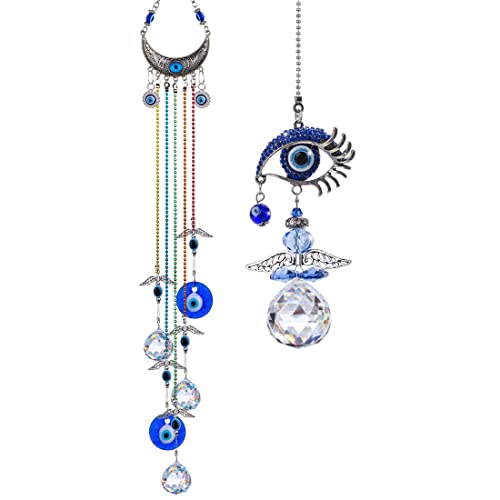 YU FENG 12.5in Hanging Crystal Angel Suncatcher and 20in Blue Evil Eye Hanging Crystals Suncatcher Ornament with Chakra Energy Crystal Ball Prism Pendant for Home Decor Protection