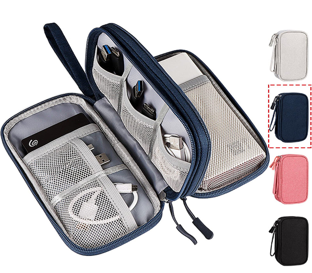 [Australia - AusPower] - Portable, Waterproof Electronics Accessories Case and Organizer Bag for Cables, USB Drives and Chargers Double Layer - Navy Blue 