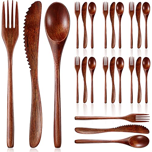 Geiserailie 24 Pcs Wooden Utensils for Eating Wooden Spoon Fork Knife Set