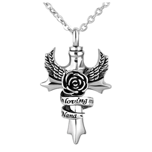 NanMuc Cross Cremation Angel Wings Urn Necklace for Ashes in Loving Memory Grandma/Mom/Dad Memorial Keepsake Pendant Nana