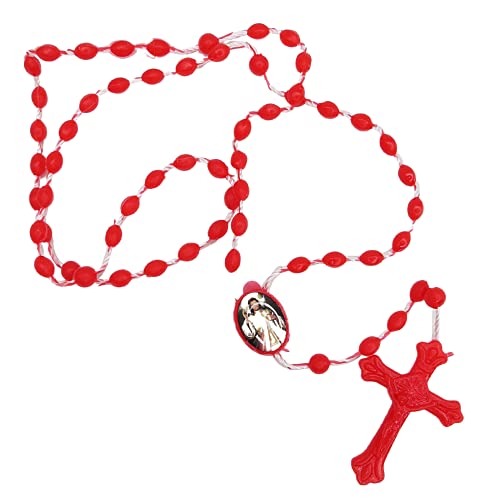 Needzo Red Plastic Prayer Bead Divine Mercy Cord Rosary, Christian Religious Gifts for Women, 15 Inch, Pack of 3