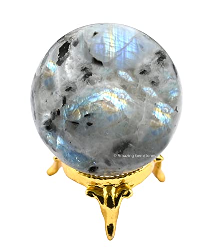Rainbow Moonstone Crystal Sphere Round Ball with Sphere Holder Stand, Natural Healing Stone Sphere for Massage Meditation Crystal Grid Witchcraft Supplies Reiki Yoga Medium Rainbow Moonstone