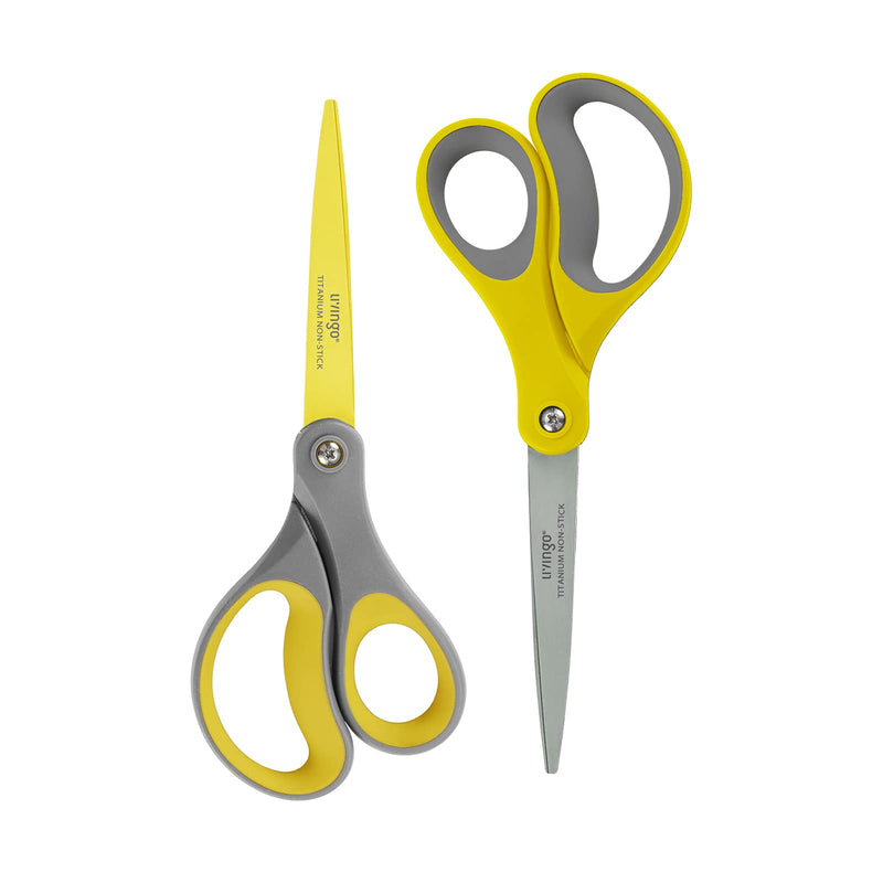 [Australia - AusPower] - LIVINGO 8" 2 Pack Scissors, Titanium Coated Sharp Stainless Steel Non-stick Scissors All Purpose, Comfort Grip Handles Shears for Office Home Supplies Crafting DIY Cutting Tape Adhesive General Use 2 Pack 8" Yellow/Grey 