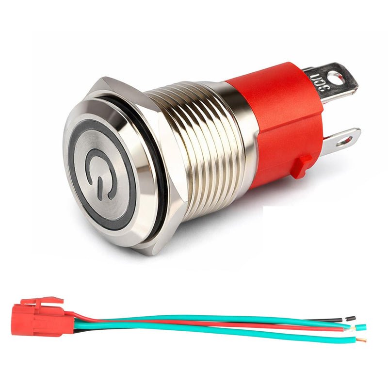 GUUZI 220V-230V/15A Self-Locking Push Button Switch NO Waterproof White LED Light Illuminated 16 mm Metal Power Start Push Button with Socket Plug Cable White 220V/230V snap-in switch