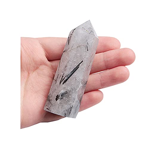 Acxico 1 pcs 7-8cm Natural Tourmaline Black Hair Quartz Crystal Hexagonal Point Wand Healing Reiki