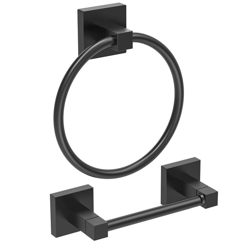Ruacq Matte Black Toilet Paper Holder Towel Ring Bathroom Accessories Hardware Set Double Post Pivoting Toilet Roll Holder Square Stainless Steel and Zinc Alloy Modern Wall Mounted 2 Pieces 2pcs