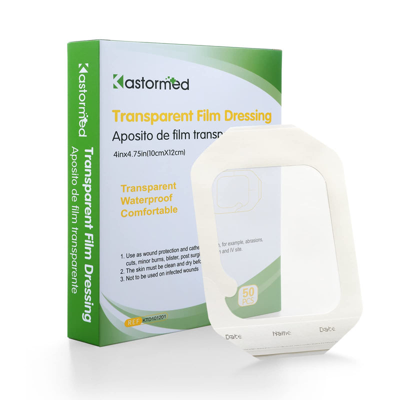 [Australia - AusPower] - Transparent Film Dressing 4'' x 4.75'', 50 Packs, Waterproof Wound Cover Bandage, Post Surgical Shower or Tattoo Aftercare Bandage, IV Shield, Transparent Adhesive Patch 4x4 3/4 