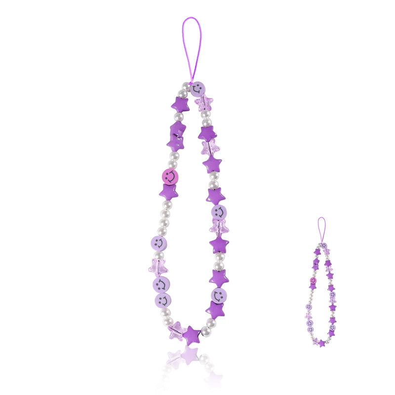 [Australia - AusPower] - Phone Charm Lanyard, 1Pcs Smiley Face Beaded Phone Charm Strap Colorful Star Smiley Soft Ceramic Keychain for Women Girls Purple 