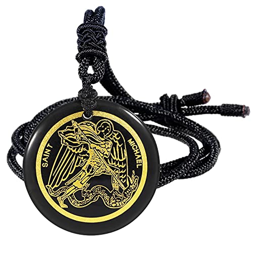 TUMBEELLUWA Engraved Archangel Saint Michael's Holy Shield Crystal Necklace Black