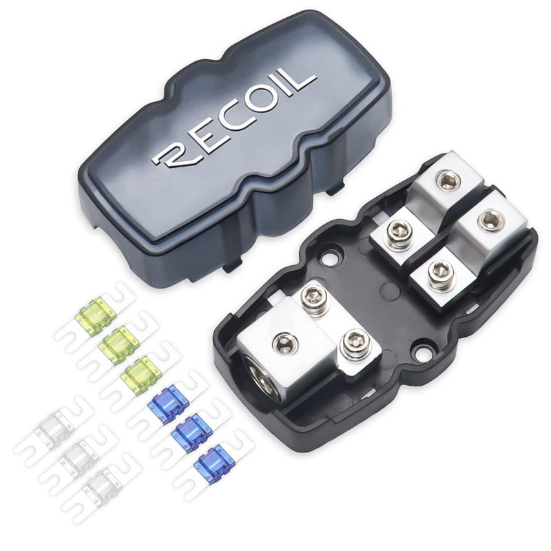 [Australia - AusPower] - Recoil MFH12 2 Way Mini-ANL Fused Distribution Block, 1 X 0/2/4 Gauge in / 2 X 4/8 Gauge Out Fused Distribution Block with 60A, 80A, 100A Fuses, Solid Brass for Maximum Power Transfer 2-Way Fuse Block, 1 Input & 2 Outputs 