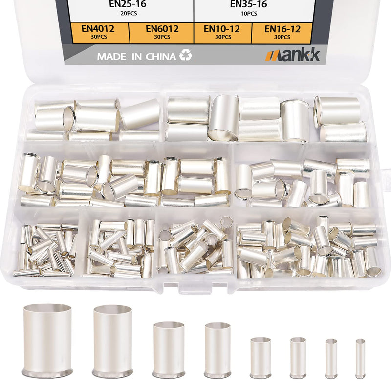 [Australia - AusPower] - 166 Pcs Wire Ferrules Kits Silver Plated Copper Crimp Terminal Connector 8 Sizes AWG (1/0 2/0 2 4 6 8 10 12) Sleeves Insulated Cord Pin End Terminal M-020 166PCS 