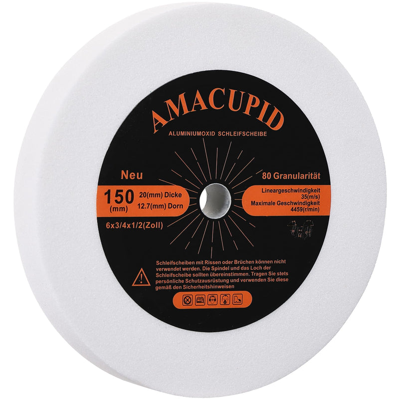Sanding Discs for Table Stand Grinding Machines.White Aluminum Oxide Abrasive.For Grinding Hardened and High Carbon Steel.150mm Diameter.12.7mm Bore