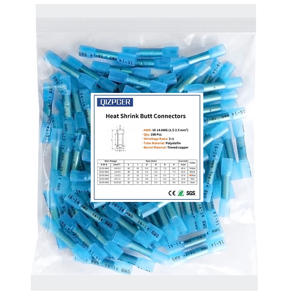 100 Pcs Blue Heat Shrink Butt Connectors, 16-14 AWG Waterproof Electrical Crimp Wire Splice for Marine, Cable, Wiring