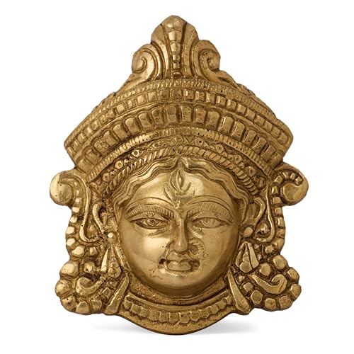 GURU JEE Brass Durga MATA Face Statue MATA Rani Ma Durga Wall Decor Maa Durga Face Idol for Home Decor Puja Temple Mandir Showpiece Gifts, Gold, Small, MN-JGJ-Durga-F-S