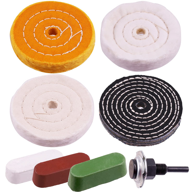 [Australia - AusPower] - Swpeet 7Pcs 4" Buffing Polishing Wheels Polish Pad 8Pcs Kit with 3Pcs Polishing Compounds and 1/4" Drill Shank, White Cotton(50Ply)/ Yellow Cotton(36Ply)/Flannel(30Ply)/Denim Wheels for Bench Grinder NO.9 Buffing Polishing Wheels 