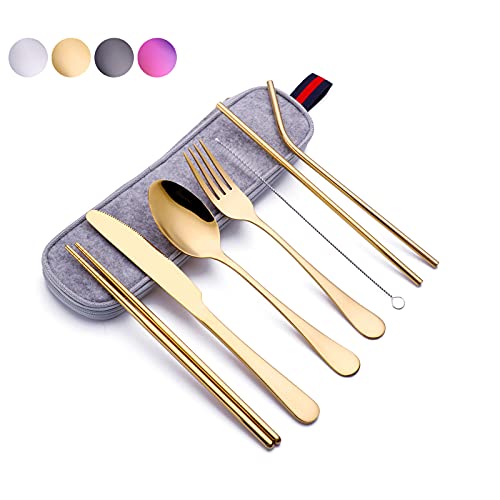Reusable Travel Utensil Set With Case (Gold), Travel Cutlery Set, Portable Camping Silverware Set, Portable Stainless Steel Flatware Set 8-Piece, Dishwasher-Safe Gold