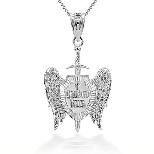 Certified 925 Sterling Silver Saint Michael Archangel Wings Cross Sword Shield "QUIS UT DEUS" Pendant Necklace 16.0 Inches