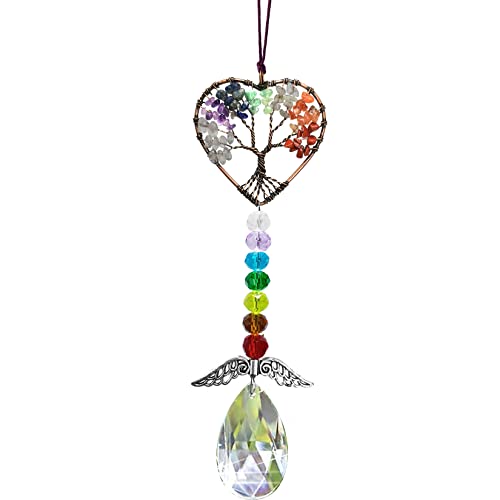 Healing Crystal Decor Tree of Life Car Hanging Accessories Suncatcher with Wings 7 Chakras Window Wall Hanging Decor Meditation Ornaments Home Decoration Heart
