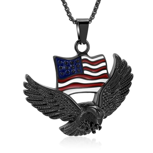 Oinsi Cremation Jewelry For Ashes For Men The Stars and the Stripes With Eagle Memorial Urn Necklace Keepsake Pendant Black
