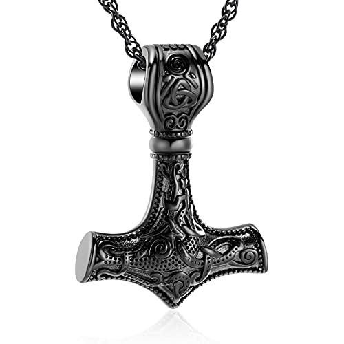 shajwo Mjolnir Thors Hammer Urn Necklace for Ashes for Men Celtic Nordic Viking Cremation Jewelry for Women Keepsake Memorial Ashes Pendant Thor Hammer-Black