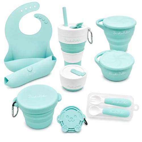 Collapsible Feeding Set - Travel Supplies: Silicone Suction Bowl, Plate, Bib, Spoons for Baby & Toddler Gift Tiffany Blue