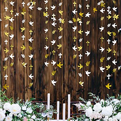 40Ft Gold and White Peace Doves Olive Leaf Cross Paper Garland Streamer for Spring Wedding Bridal Shower Birthday Engagement First Holy Communion Religious Christian Baptism Tea Party Decorations Gold Dove
