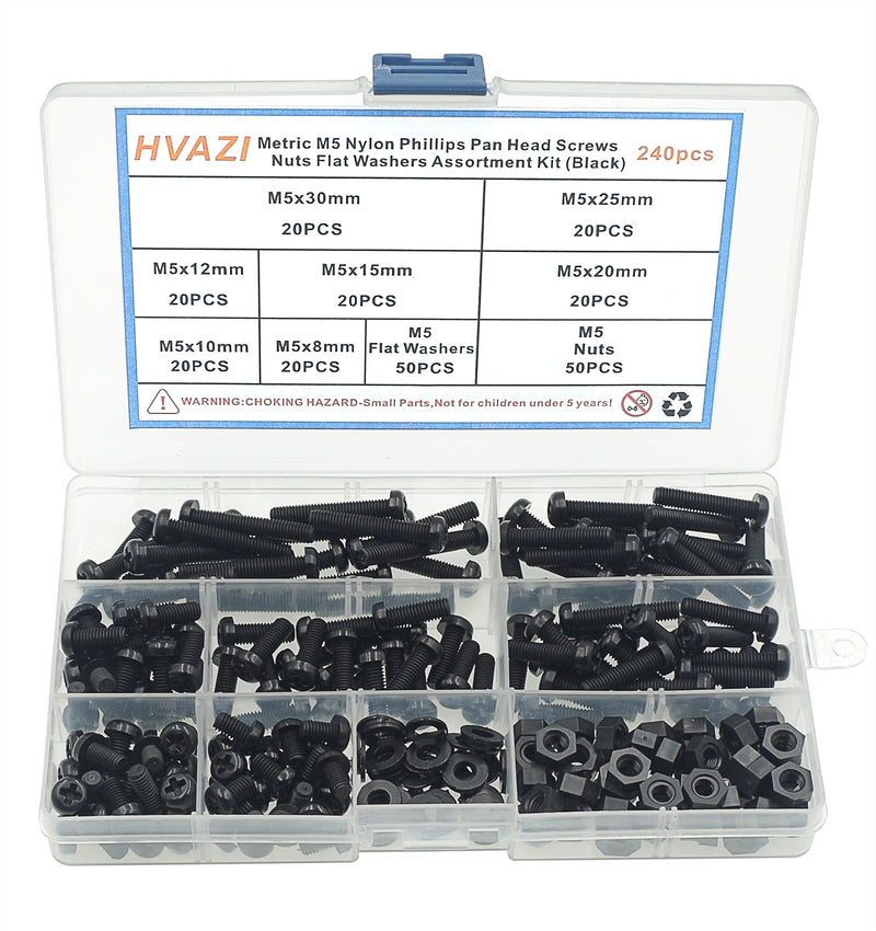 [Australia - AusPower] - Metric M5 Nylon Phillips Pan Head Screws Nuts Flat Washers Assortment Kit (Black-M5) Black-M5 