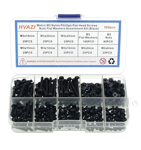 HVAZI M3 black nylon Phillips pan-head screws, nuts and washers assortment kit viewed on a white background