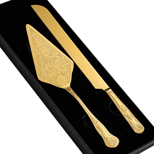 Vintage Wedding Cake Knife and Server Set, Stainless Steel Cake Pie Pastry Cutting Knife & Serving Spatula Set, Premium Party Supplies for Wedding, Birthday, Anniversary & Events, Gold