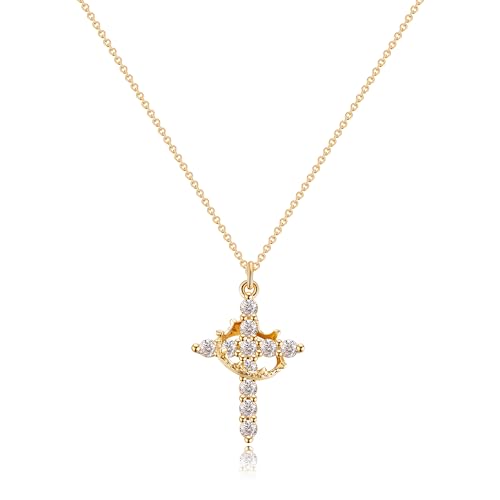 Tewiky Christian Gift Stocking Stuffers Cross Necklace for women-Dainty 14k Gold Plated/Silver Plated Pendant Necklaces Simple Cute Tiny Necklace Jewelry for Women Gold Crown Cross