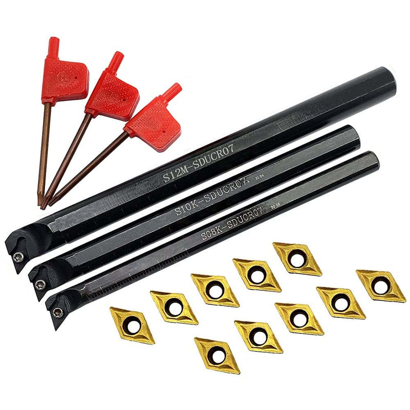 [Australia - AusPower] - 3PCS S08K/S10K/S12M- SDUCR07 95 Degree Internal Turning Boring Bar with 10pcs DCMT21.51 DCMT070204 Carbide Turning Inserts for Machining Steel Parts and Stainless Steel (Three Holder Set With Inserts) 