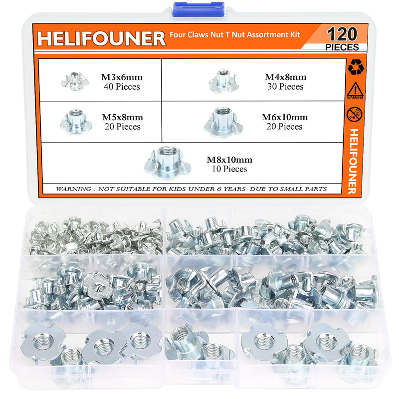 [Australia - AusPower] - 120 Pieces M3 M4 M5 M6 M8 T Nuts Four Claw Nuts Assortment Kit for Wood, Rock Climbing Holds, Cabinetry 