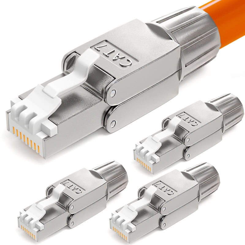HB-DIGITAL 4x CAT 7 RJ45 Connector Network Connector | for rigid LAN cables, Ethernet installation cables, tool-free LSA, 10 Gbit/s, AWG 22-24 fully shielded STP, 50μ gold-plated contacts, 4 pcs. CAT. 7 US