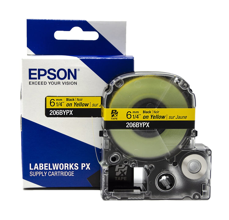 Epson LABELWORKS 206BYPX Genuine PET (Polyester) Tape Cartridge - Black on Yellow Label Maker Tape - 1/4" (6MM) Wide, 30'