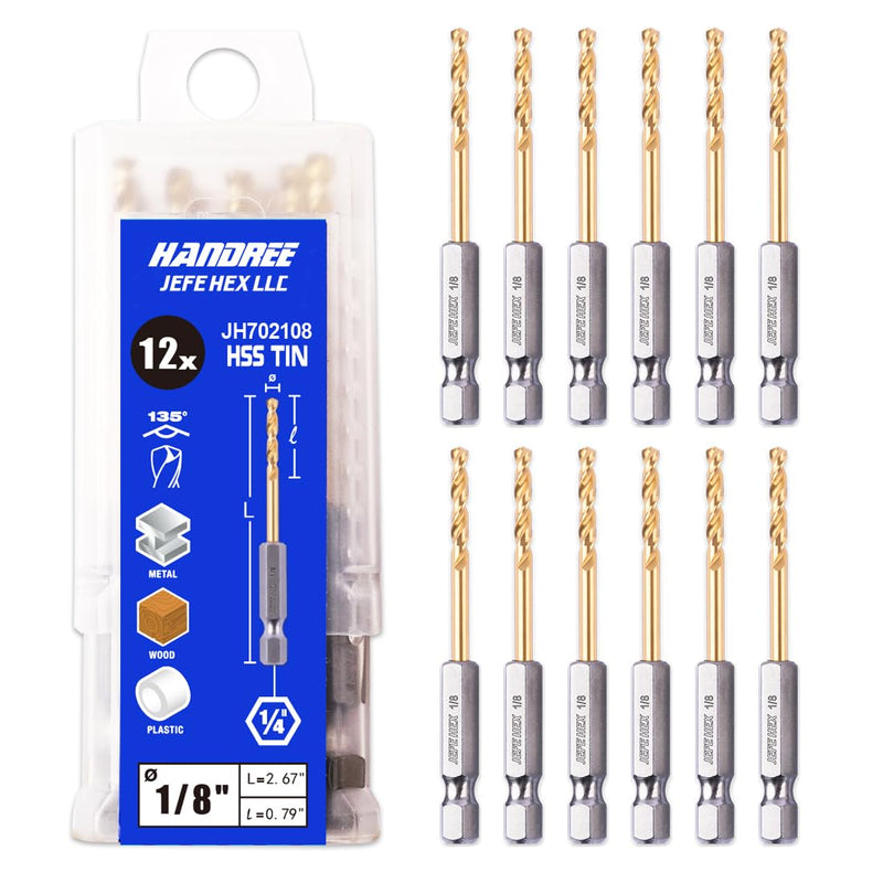 [Australia - AusPower] - 1/8" Hex Shank Drill Bits - 12 PCS HSS Titanium Drill Bits with Quick Change Shank Impact Driver Twist Drill Bit Set 1/8" (12pcs) 