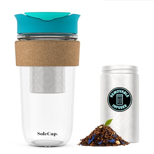 Large Travel Mug Loose Tea Infuser - Detachable Tea Strainer with Spill Proof Lid - 18oz/530ml BPA-Free Reusable Glass Travel Coffee Cup with Cork Band (Blue, 18oz) Blue 18 Ounces