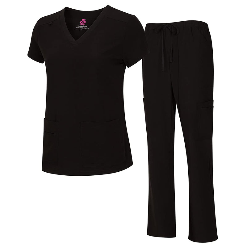 [Australia - AusPower] - Natural Uniforms Women's Cool Stretch V-Neck Top and Cargo Pant Scrub Set with Regular and Petite Sizes Black Medium 