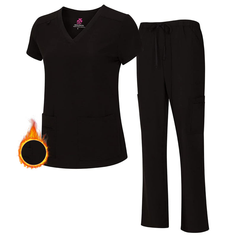 [Australia - AusPower] - M&M SCRUBS Women's Breathable Cool Stretch Fabric Scrub Top and cargo Pant Set Black XX-Large 