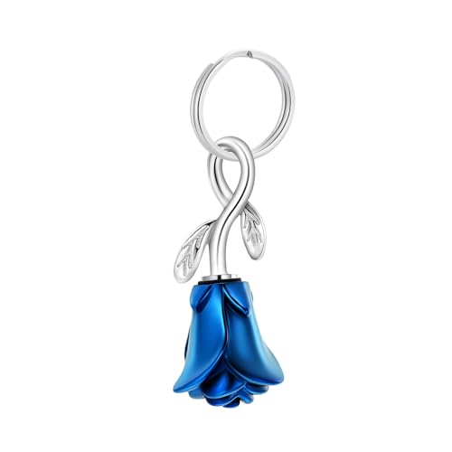 constantlife Rose Flower Urn Keychain Cremation Jewelry for Ashes, Stainless Steel Memorial Pendant Gift Funeral Keepsake Blue