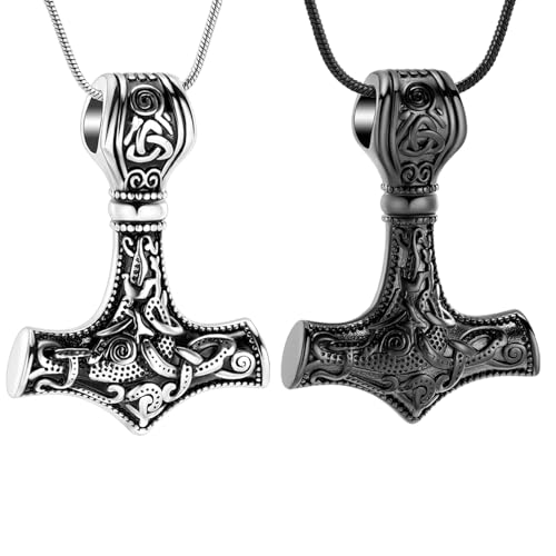 Thor Hammer Urn Necklace for Ashes Viking Cremation Jewelry for Women Men Stainless Steels Memorial Necklaces Ash Holder for Human Pets Keepsake Jewelry for Loved Ones with Fill Tool 2pc Silver/Black
