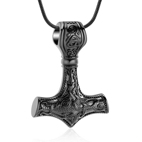 Thor Hammer Urn Necklace for Ashes Viking Cremation Jewelry for Women Men Stainless Steels Memorial Necklaces Ash Holder for Human Pets Keepsake Jewelry for Loved Ones with Fill Tool Black
