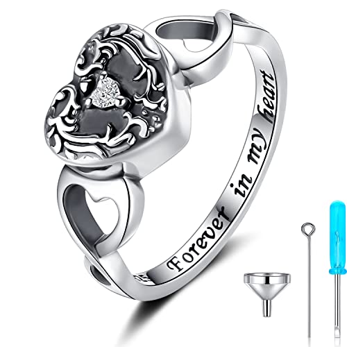 Sterling Silver Forever in My Heart Cremation Jewelry Urn Rings Hold Loved Ones Ashes - Tree of Life Urn Finger Rings Memorial Ashes Keepsake Jewelry Gifts for Women Men 8