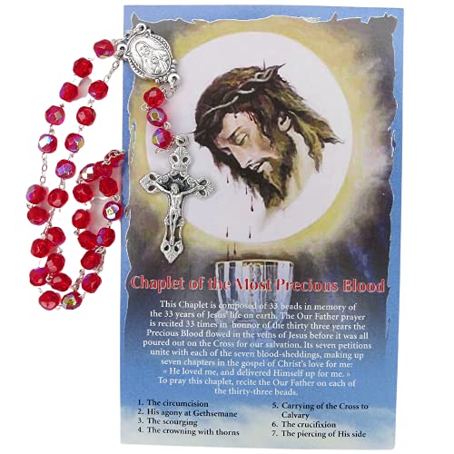 Catholic Prayer Card and Rosary Gift Set, Chaplet of The Most Precious Blood and Red Beads with Silver Tone Crucifix and Immaculate Heart Medal, 5.75 Inches