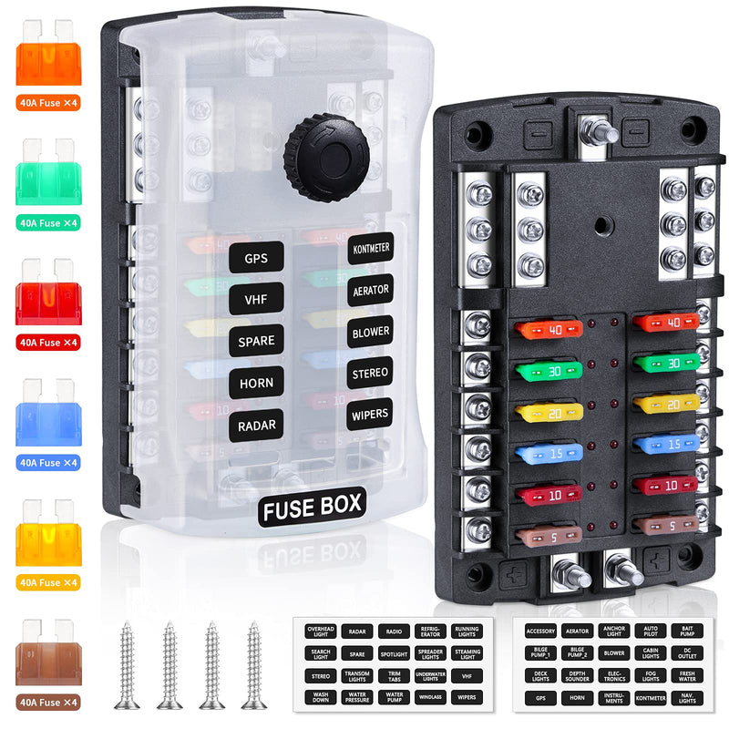 [Australia - AusPower] - Upgraded 300A 12 Way Blade Fuse Block Fuse Box with 2 Positive Power Inputs Negative Bus, ELECTOP 12 Circuit Fuse Holder ATC/ATO Fuse Block Panel with LED Indicator for 12V/24V Car Truck Boat Marine Upgraded 12 Way Fuse Block 
