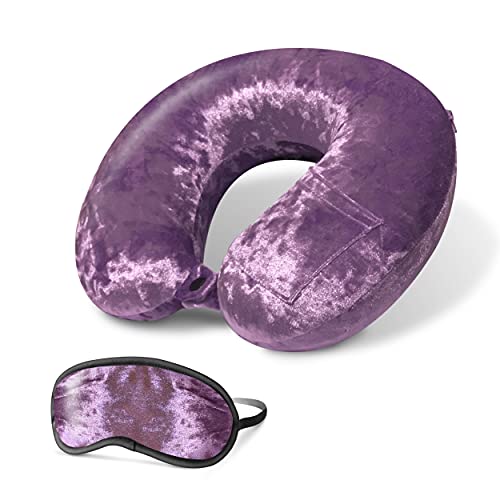 Cloudz Crushed Velvet Ultra Premium Comforlite Memory Foam Airplane Travel Neck Pillow with Matching Luxuriously Soft Black Out Sleep Mask - Purple