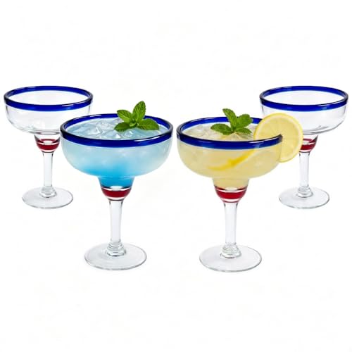 Lily's Home Unbreakable Margarita Glasses - 14 oz Shatterproof Plastic Set of 4 with Cobalt Blue Rims, Reusable Crystal Clear Stemware for Martini, Frozen Drinks, Pina Coladas & Cocktails Modern