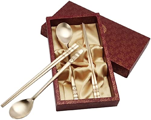 ZEESOON Korean Traditional Brass Spoon & Chopsticks Set, Light Gold
