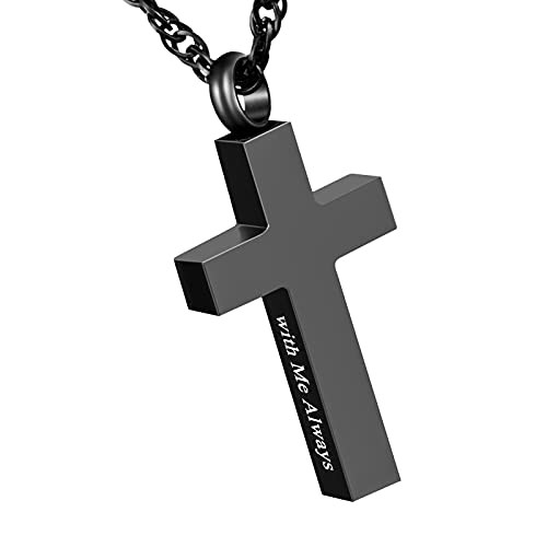 Cremation Cross Necklace for Ashes Stainless Steel Cross Urn Pendant Ashes Holder Memorial Jewelry-With Me Always With me always-Black