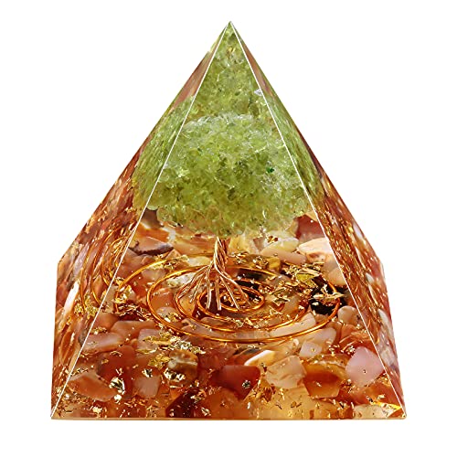 mookaitedecor Peridot Tree of Life Carnelian Crystal Pyramid Orange