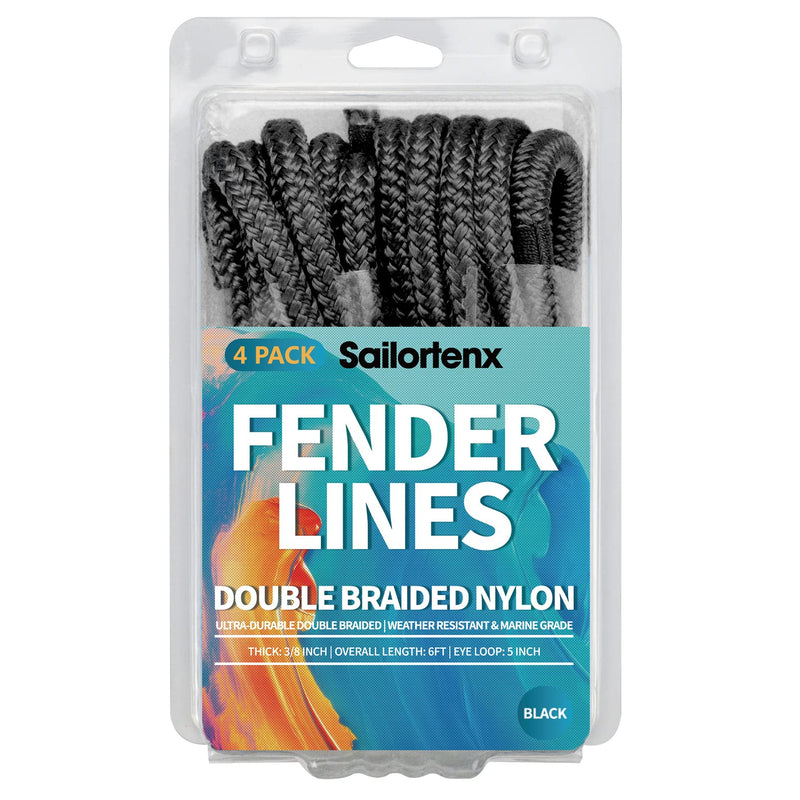 Boat Fender Lines 4 Pack 3/8" x 6FT- Boat Bumper Line Double Braided Nylon Fender Rope with 5" Eyelet Mooring Marine Rope for Boats Line & One End Can Be Spliced with Fenders to Used, Black 4PK-Black